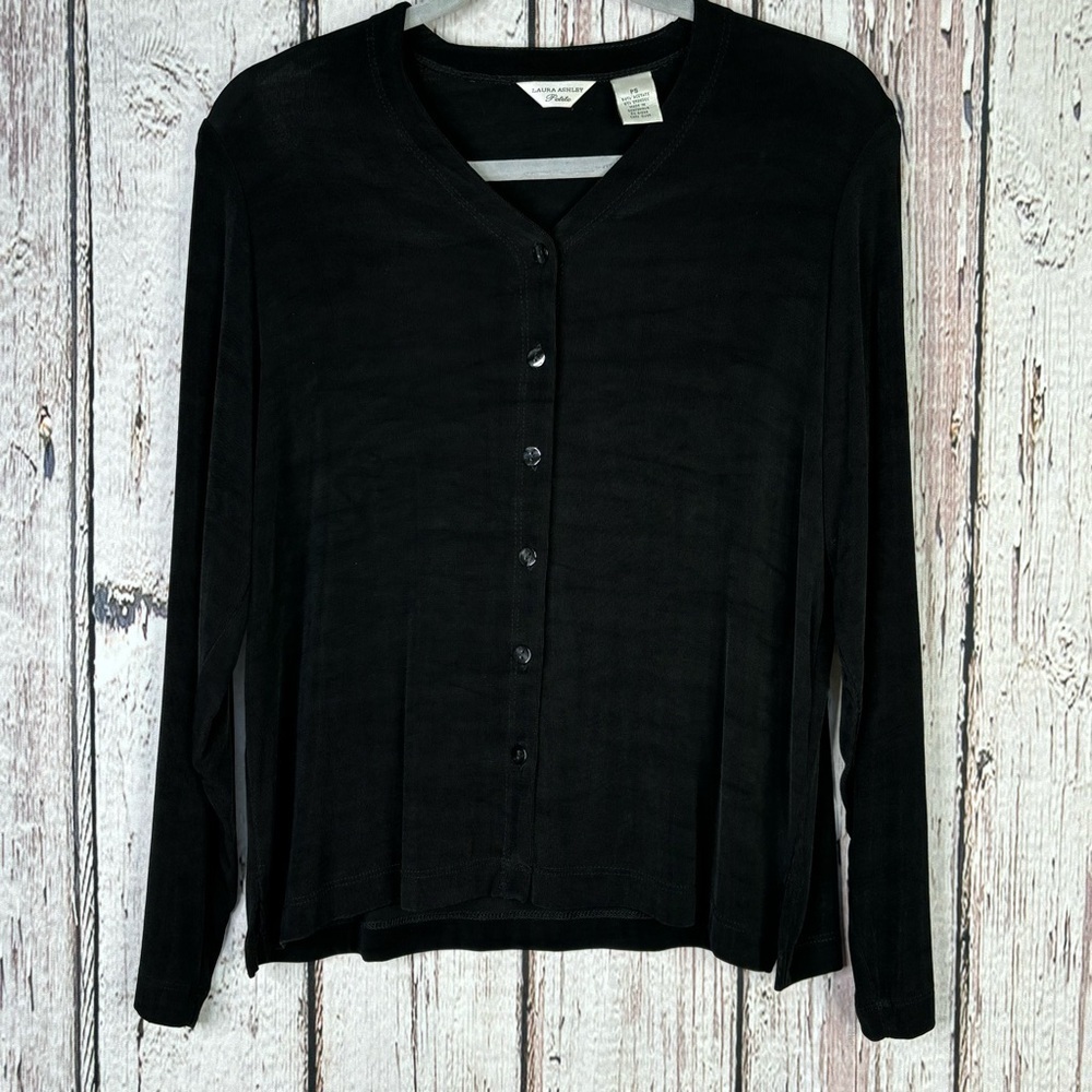 Vintage Laura Ashley Petite Black Button Down Lightweight Stretchy Cardigan‎ PS